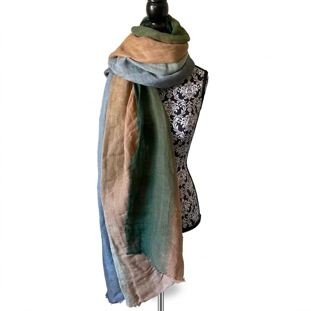 ZARA Oversized Colorblock Fringe Scarf Blue Brown Green GreyWrap Cover Up Shawl
